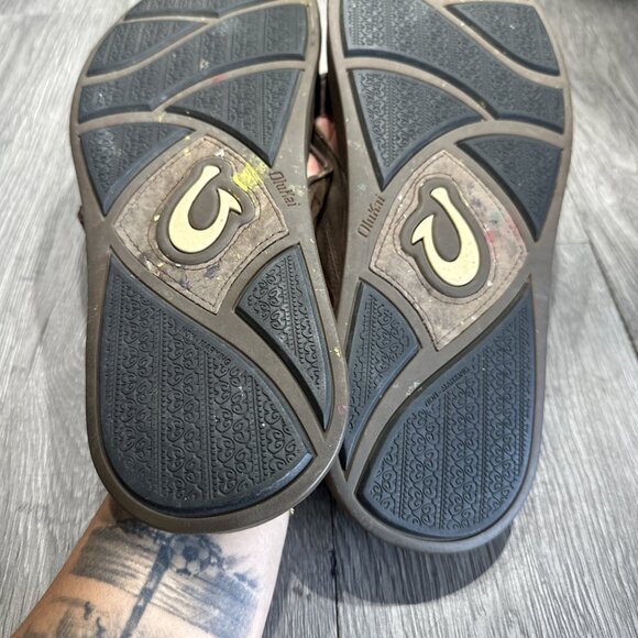 Olukai Pikoi Dark Wood Men’s Size 13 M Brown Leather Thong Sandals Flip Flops main image 9